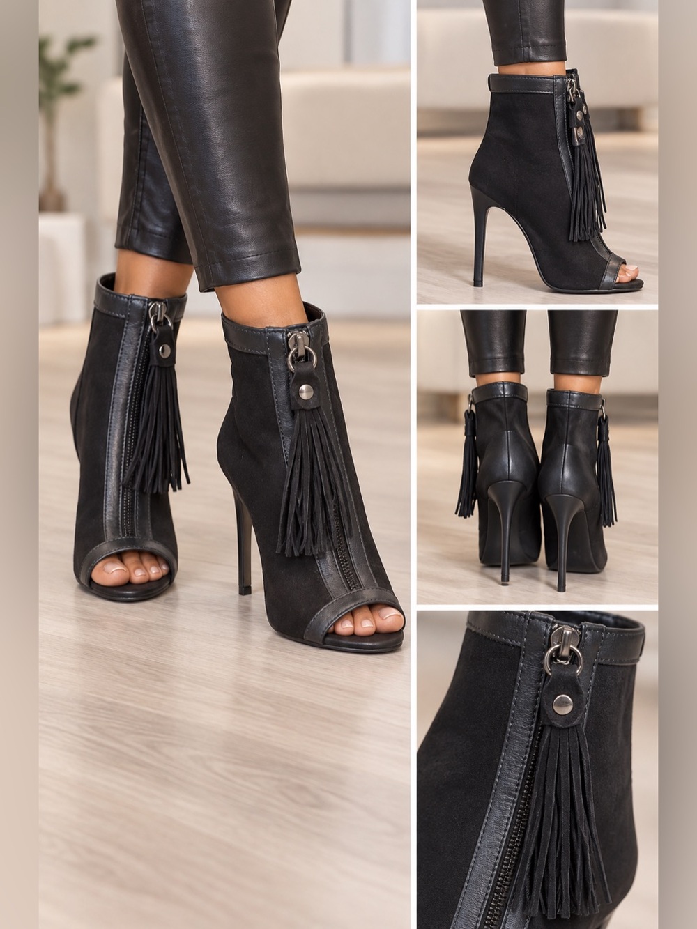 Women's Black Suede Open-Toe Fringe Ankle Boots